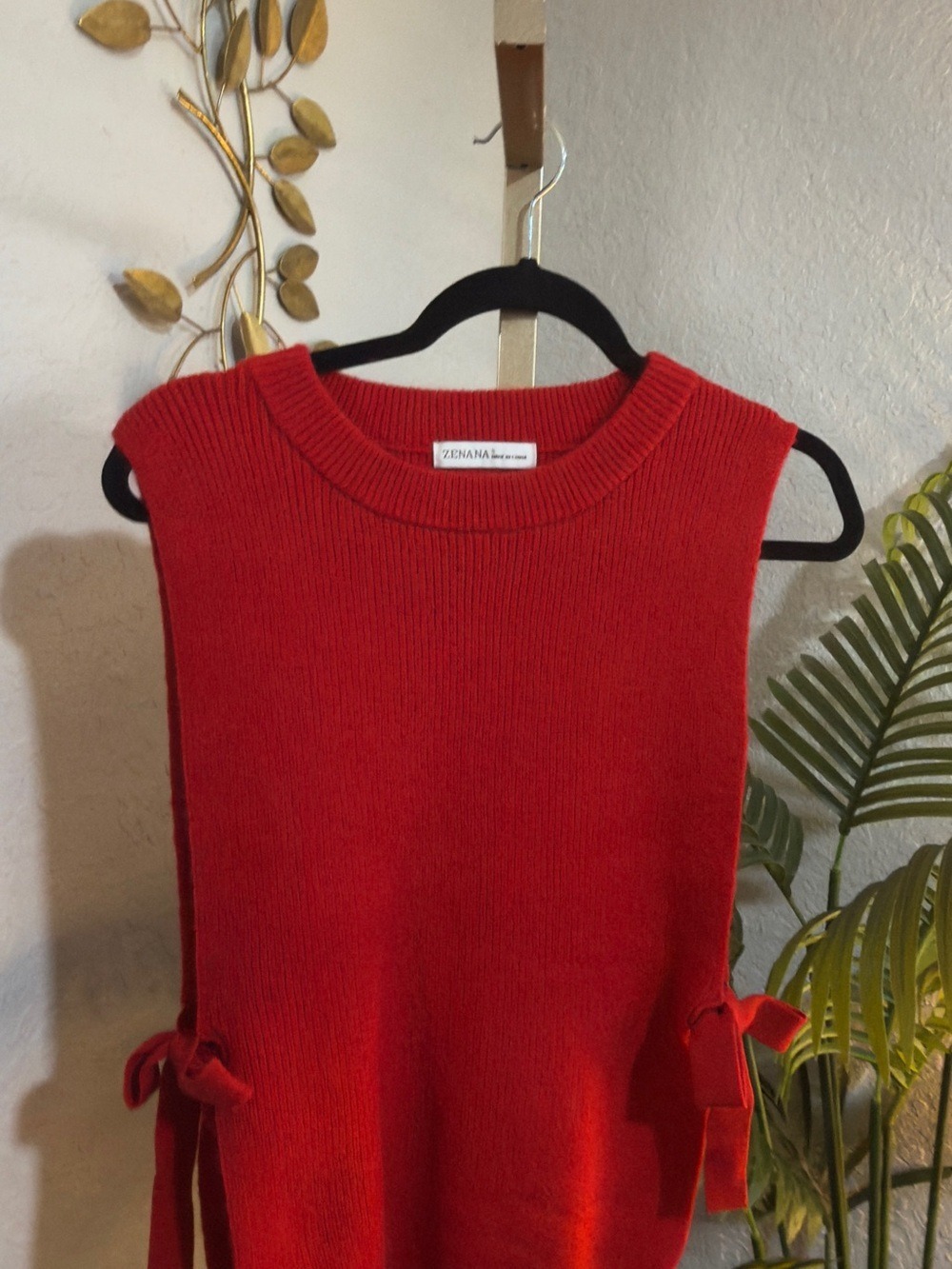 Zenana Outfitters Bright Red Sleeveless Knit Sweater with Side Ties - Picture 1 of 2